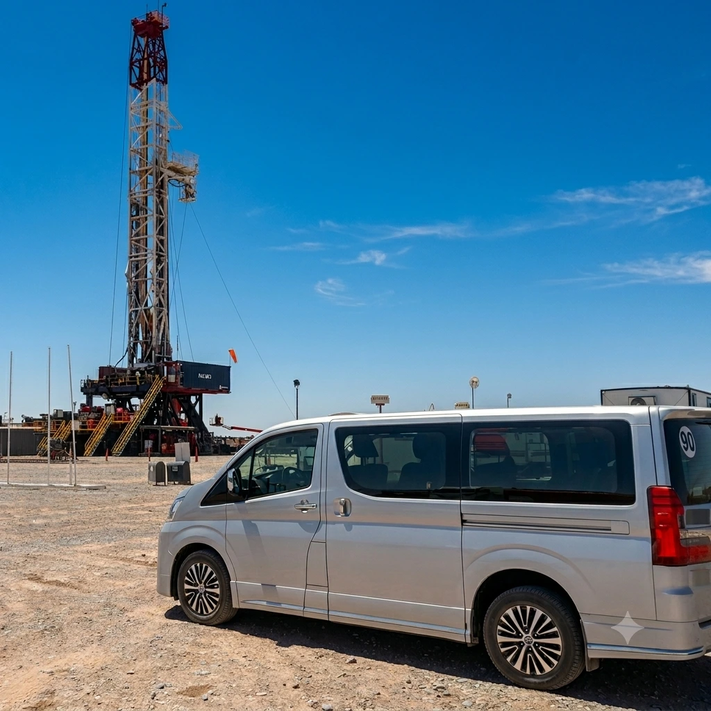 Camioneta de servicios estacionada junto a una torre de perforación petrolera en Vaca Muerta