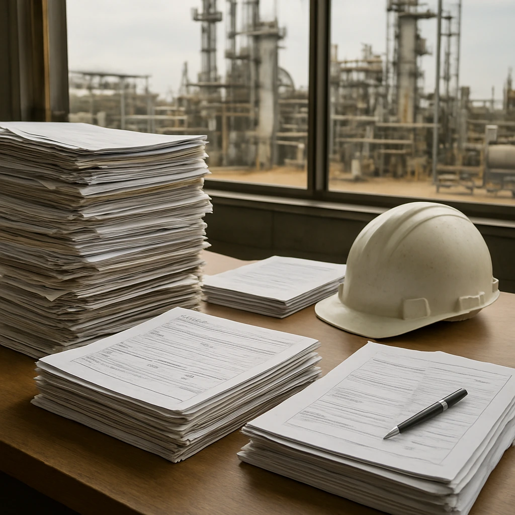 Pilas de documentación y formularios sobre un escritorio con casco de obra y una refinería al fondo
